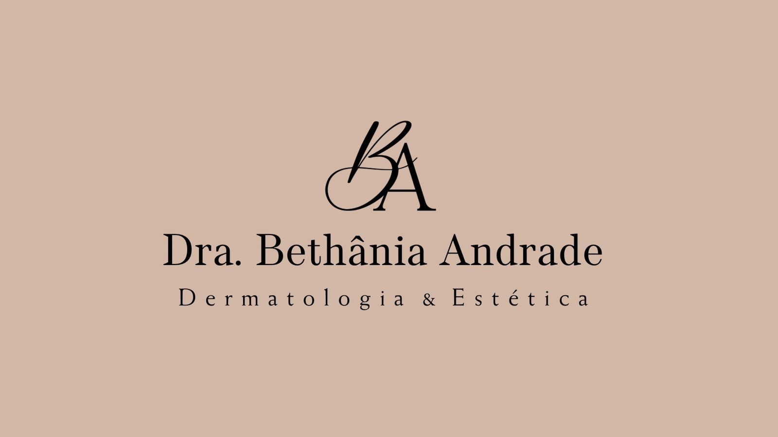 Cartão de marca da médica: monograma BA, Dra. Bethânia Andrade, Dermatologia e Estética, sobre fundo bege rosado